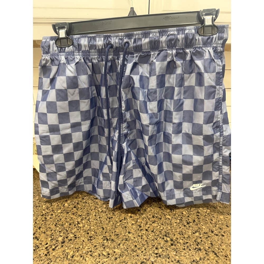 Nike Mens Blue Checkered Nylon Shorts Elastic Waist Drawstring Size Large
